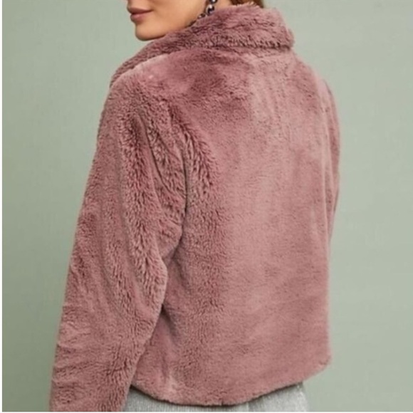 Anthropologie Faux Fur Jacket Teddy Bomber Mauve Dusty Rose Chevron Detail - Picture 3 of 10